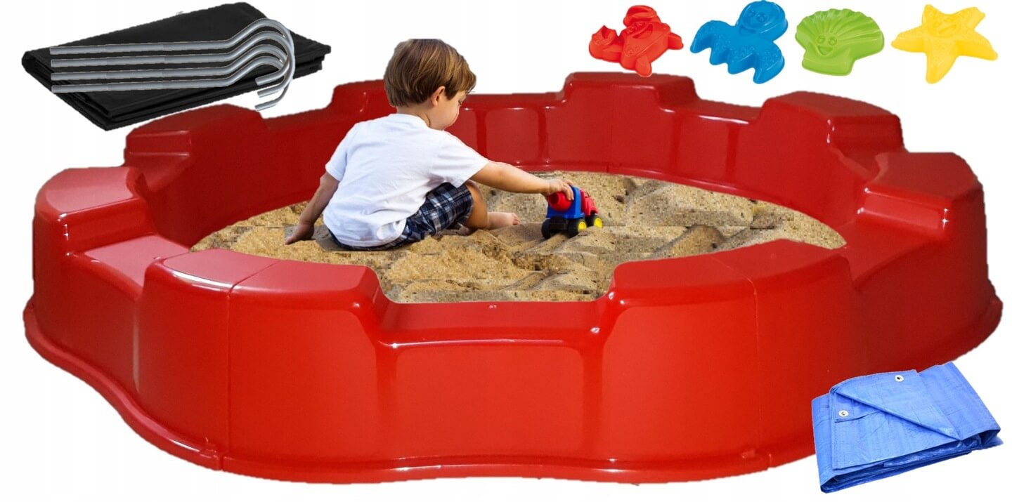 Smėlio dėžė su tentu, agrotekstile ir žaislais D120-D170X 22cm. kompl. raudona
