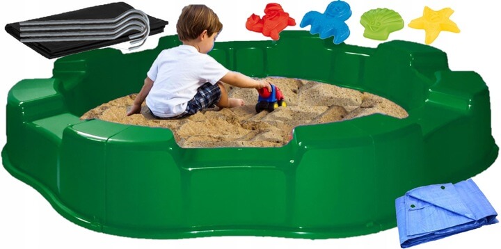 Smėlio dėžė su tentu, agrotekstile ir žaislais D120-D170X 22cm. kompl. žalia