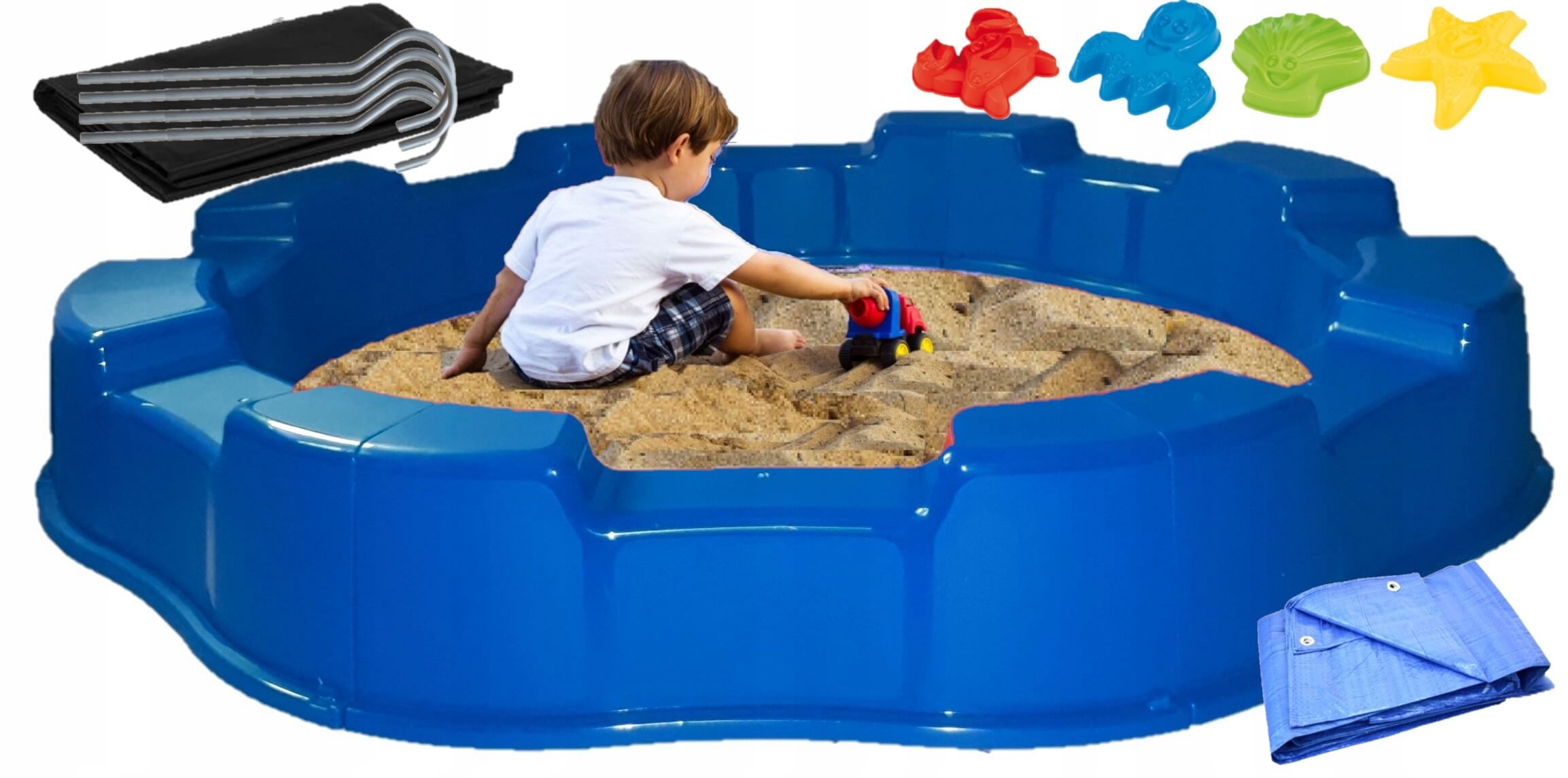 Smėlio dėžė su tentu, agrotekstile ir žaislais D120-D170X 22cm. kompl. mėlyna