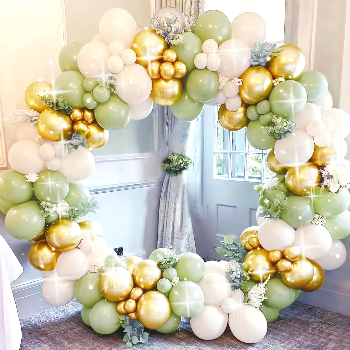 Balionų girlianda, žalia, balta, auksinė 108vnt. balionų